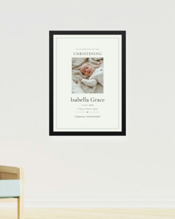 Personalised christening keepsake print, classic design, in a black frame by FONDLORE