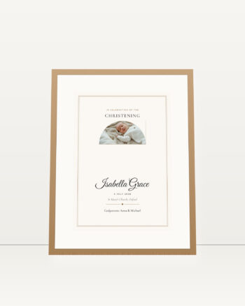 Personalised christening keepsake print, arch design, in an oak frame with a white mount by FONDLORE
