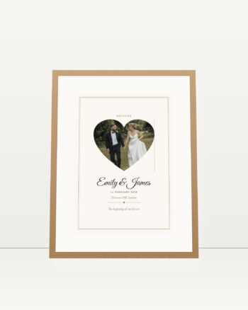 Personalised engagement keepsake print, heart design, in an oak frame with a white mount by FONDLORE