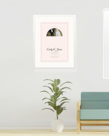 Personalised engagement keepsake print, arch design, in a white frame with a mount by FONDLORE
