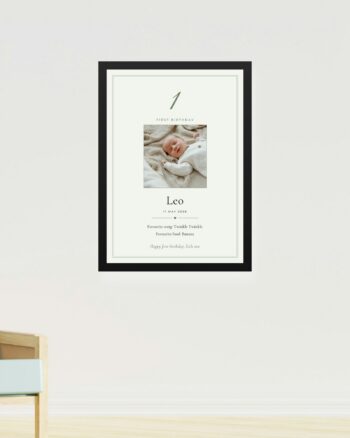 Personalised first birthday keepsake print, classic design, in a black frame by FONDLORE