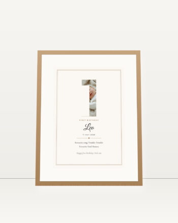 Personalised first birthday keepsake print, big number design, in an oak frame with a white mount by FONDLORE