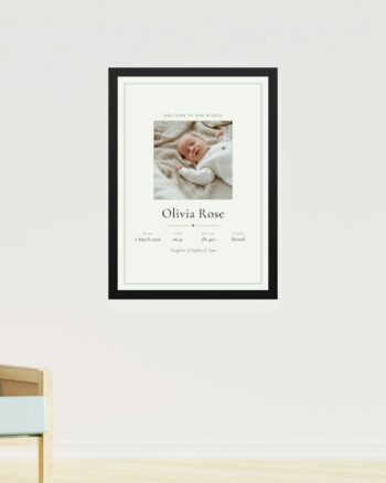 Personalised new baby keepsake print, classic design, in a black frame by FONDLORE