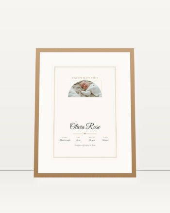 Personalised new baby keepsake print, arch design, in an oak frame with a white mount by FONDLORE